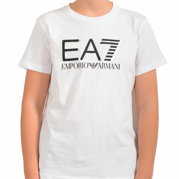 Emporio Armani EA7 Boys White Short Sleeve Logo Print Crewneck T-Shirt - Picture 1 of 7